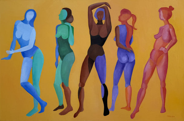 A stylized painting of five female figures in different poses, each rendered in a single flat color, set against a solid golden-yellow background.