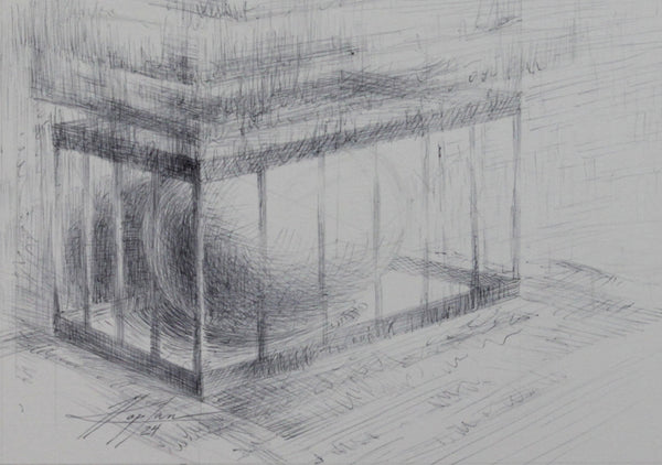 Caged III, graphite on paper drawing by Collective Member Frederic C. Kaplan