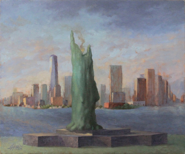 Melting statue of liberty in front of a city skyline with a body of water