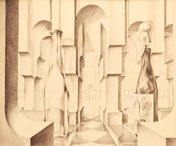 Abstract artwork with geometric shapes and two bottles of wine.