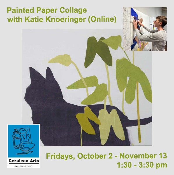 Promotional flyer for an online painted paper collage workshop with artist Katie Knoeringer. The flyer features a central artwork of a black cat silhouette layered behind green and yellow plant shapes on a white background, with a small inset photo of the artist working on a board.
