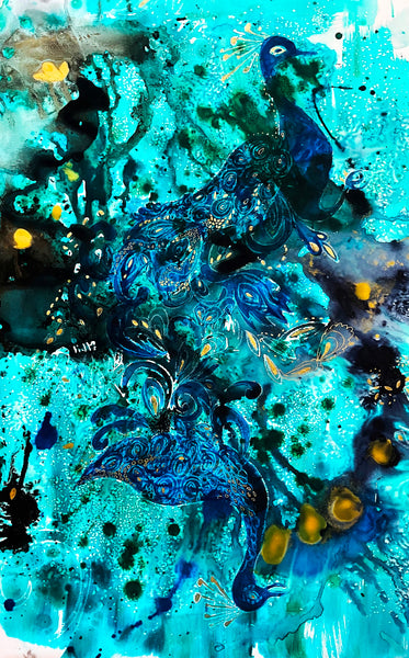 Abstract artwork with peacocks in blue and black patterns on a teal background