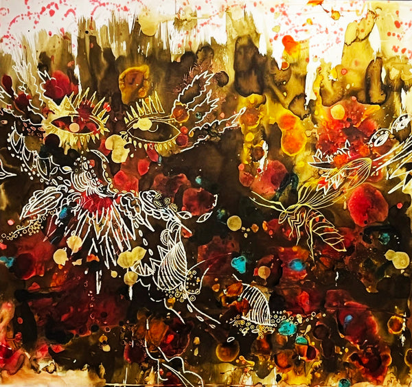 Abstract artwork with intricate designs and vibrant colors on a dark background