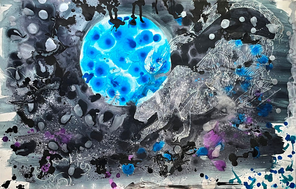 Abstract artwork with a blue central sphere surrounded by black and gray elements