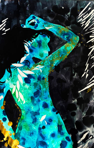 Abstract artwork with a central figure in blue and black
