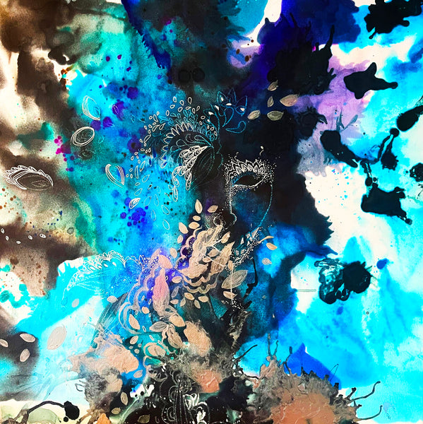 Abstract artwork with blue, black, and gold colors