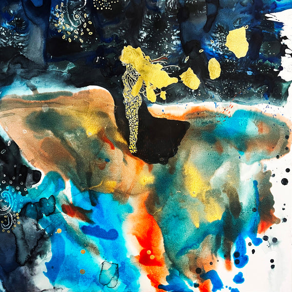 Abstract artwork with splashes of yellow, blue, and orange on a dark background