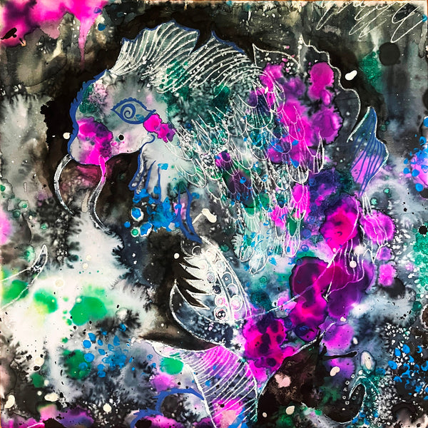 Colorful abstract artwork with fish-like shapes and splashes of pink, purple, and green.