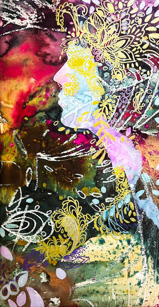 Colorful abstract artwork with a figure and intricate designs and patterns