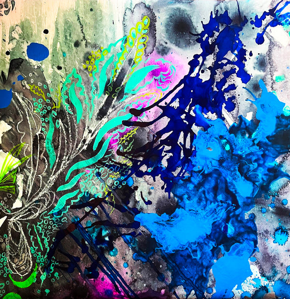 Abstract artwork with blue, green, and black colors on a textured background