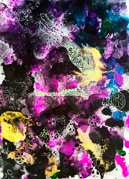 Abstract artwork with splashes of purple, blue, yellow, and black.