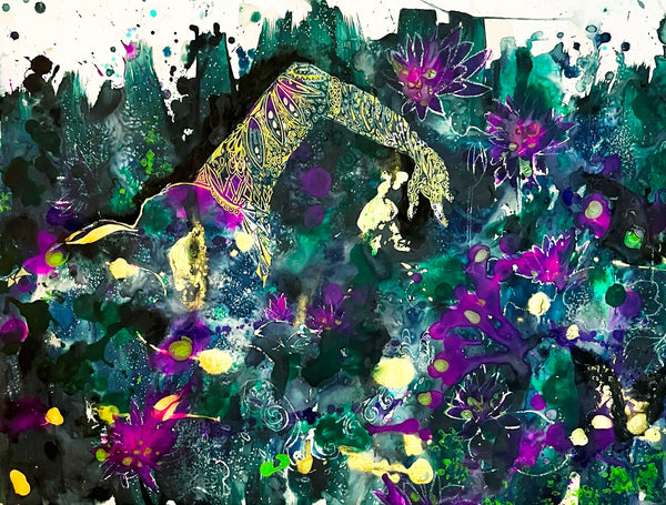 Abstract artwork with colorful splashes and patterns