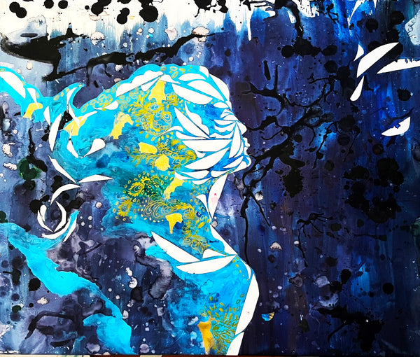 Abstract art piece with a figure in blue, white, and yellow colors on a dark background