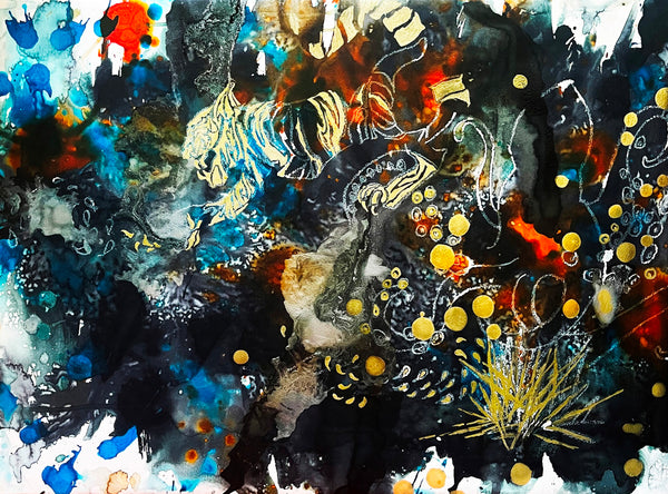 Abstract artwork with a mix of colors and textures