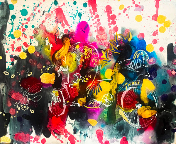 Abstract artwork with splashes of color and geometric shapes