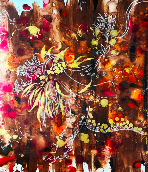 Abstract artwork with colorful leaves and floral elements on a brown background