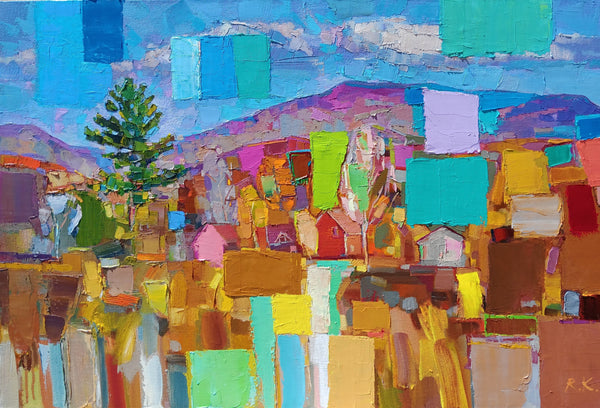 A Perfect Day. Spring Comes to Mountains,, oil and acrylic on canvas abstract landscape painting by Ruslan Khais available at Cerulean Arts.