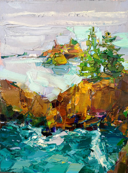 Abstract oil painting of a mountain landscape with trees and water.