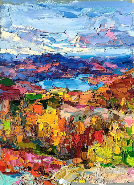 Colorful abstract landscape oil painting with a variety of hues.