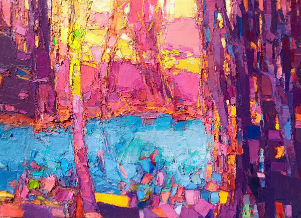 Abstract landscape oil with vibrant colors and brush strokes