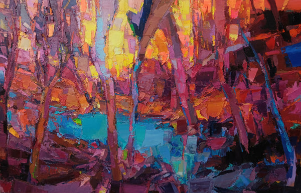 Colorful abstract landscape painting with vibrant hues of pink, blue, and orange.