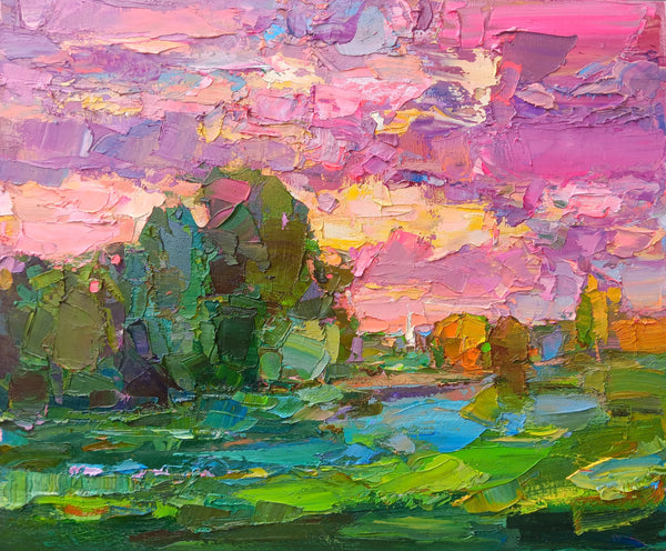 Abstract oil painting of a landscape with vibrant colors