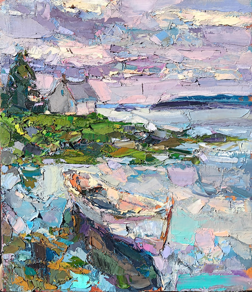 Colorful abstract oil painting of a landscape with a boat and house