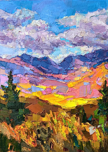 Sunlight in the Valley,, oil on canvas abstract landscape painting by Ruslan Khais available at Cerulean Arts. 