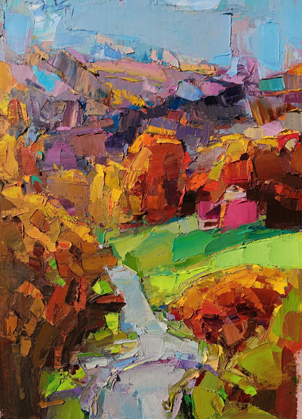 Abstract landscape oil painting with vibrant colors and textured brushstrokes