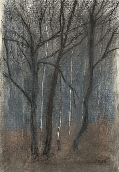 Artistic depiction of trees with a focus on their trunks and branches against a textured background.