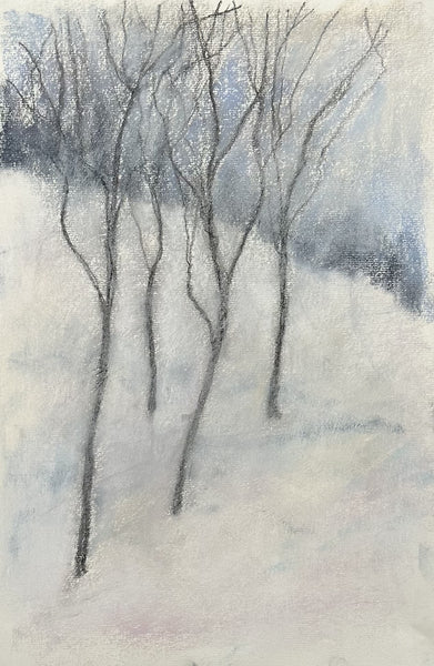 Watercolor painting of bare trees in a snowy landscape