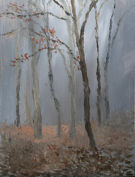 Painting of trees with bare branches against a misty background