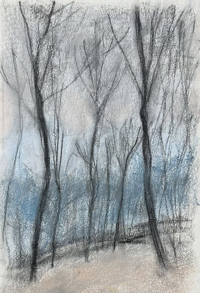 Artistic depiction of bare trees against a blue sky