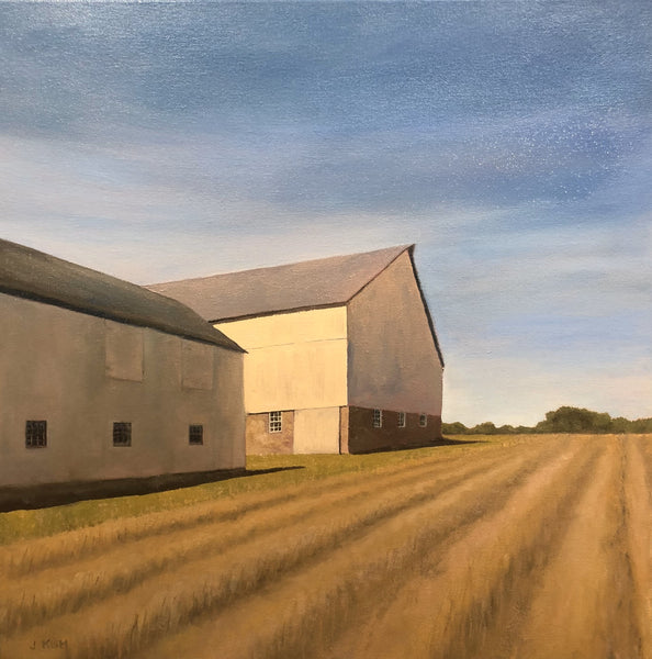 White Barn in Yellow Light, oil on canvas landscape with barn painting by Cerulean Arts Collective member Jennifer Kish