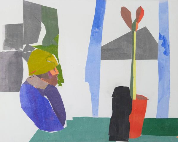 Painted paper collage of a man seated next to an amaryllis plant.
