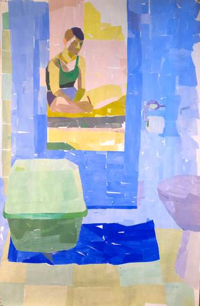 Painted paper collage of a bathroom scene with the reflection of a woman, a green container, and a toilet.