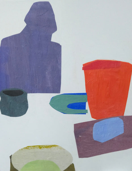 Painted paper collage of a still life with figure in the background