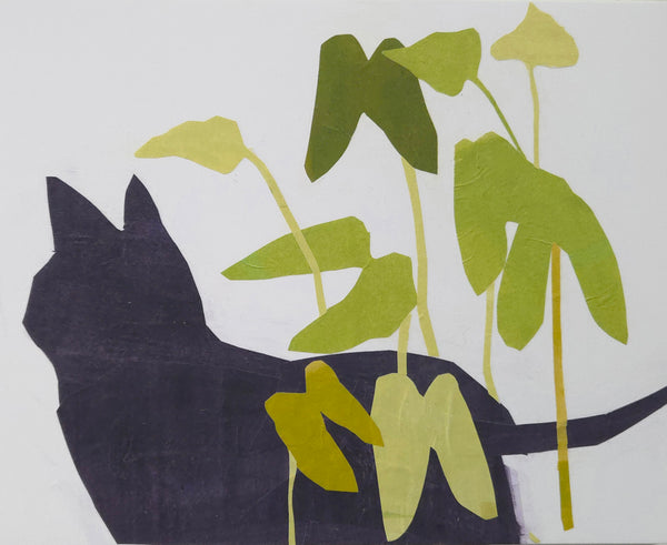 Painted paper collage of a black cat with bright green leaves.