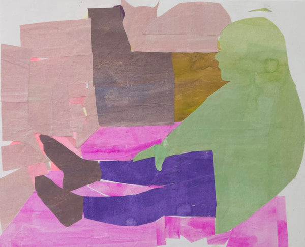 Painted paper collage with the silhouettes of a child and a cat