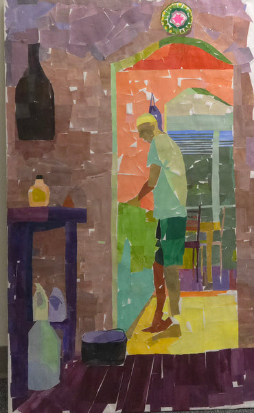 Colorful painted paper collage of a person standing in a room with furniture and bottles.
