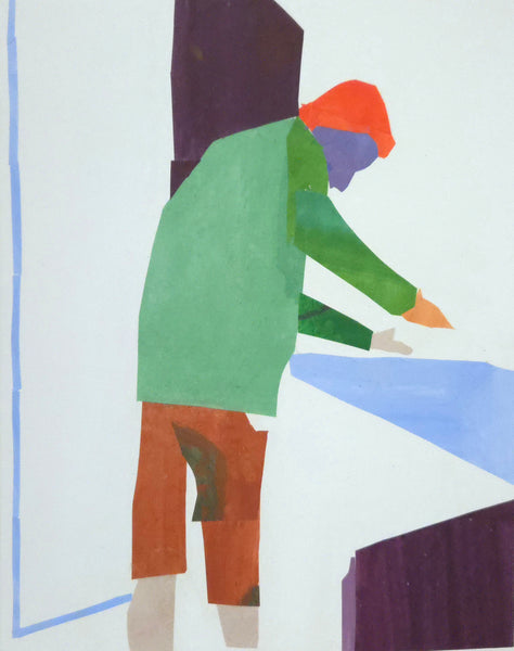 Painted paper collage of a person in a green jacket and red hood baking at a counter.