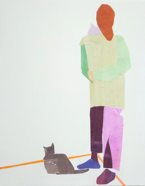 Painted paper collage of a standing  person and a cat on a white background