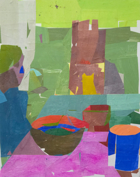 Painted paper collage of a breakfast table still life with figure and cat
