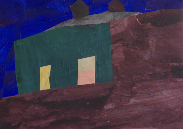 House at Night, painted paper collage by Cerulean Arts Collective Member Katie Knoeringer