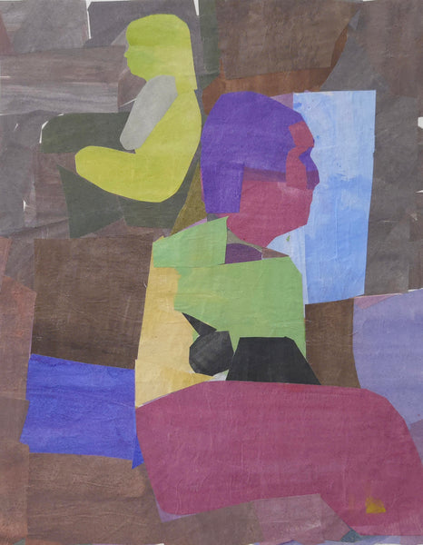 Painted paper collage with two figures facing away from each other.