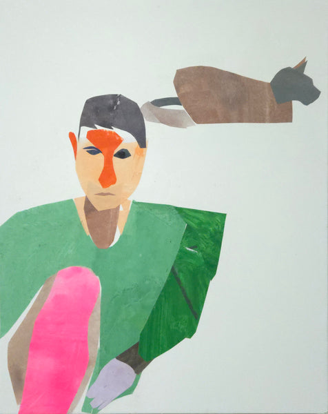Painted paper collage of a person with a cat in the background