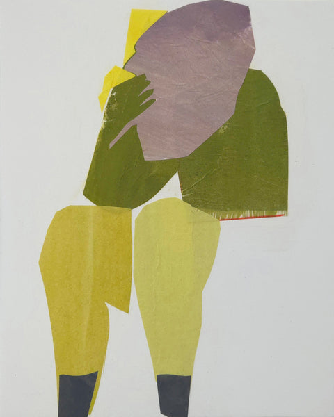 Painted paper collage of a person sitting.