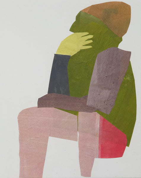 Painted paper collage of a person sitting.