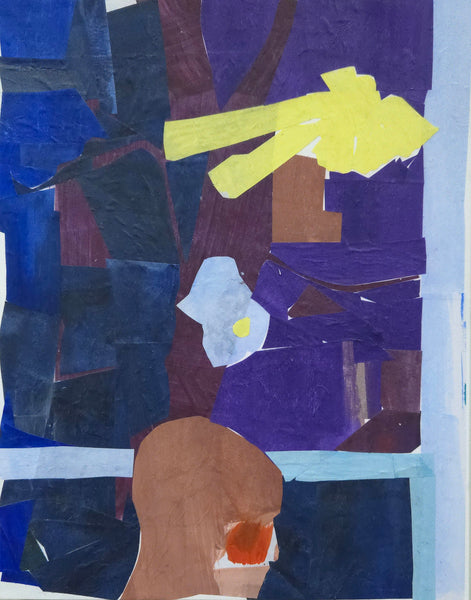 Painted paper collage of a dark landscape with a person's head in the foreground.