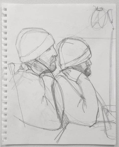 Pencil sketch of two people sitting together with an amaryllis plant
